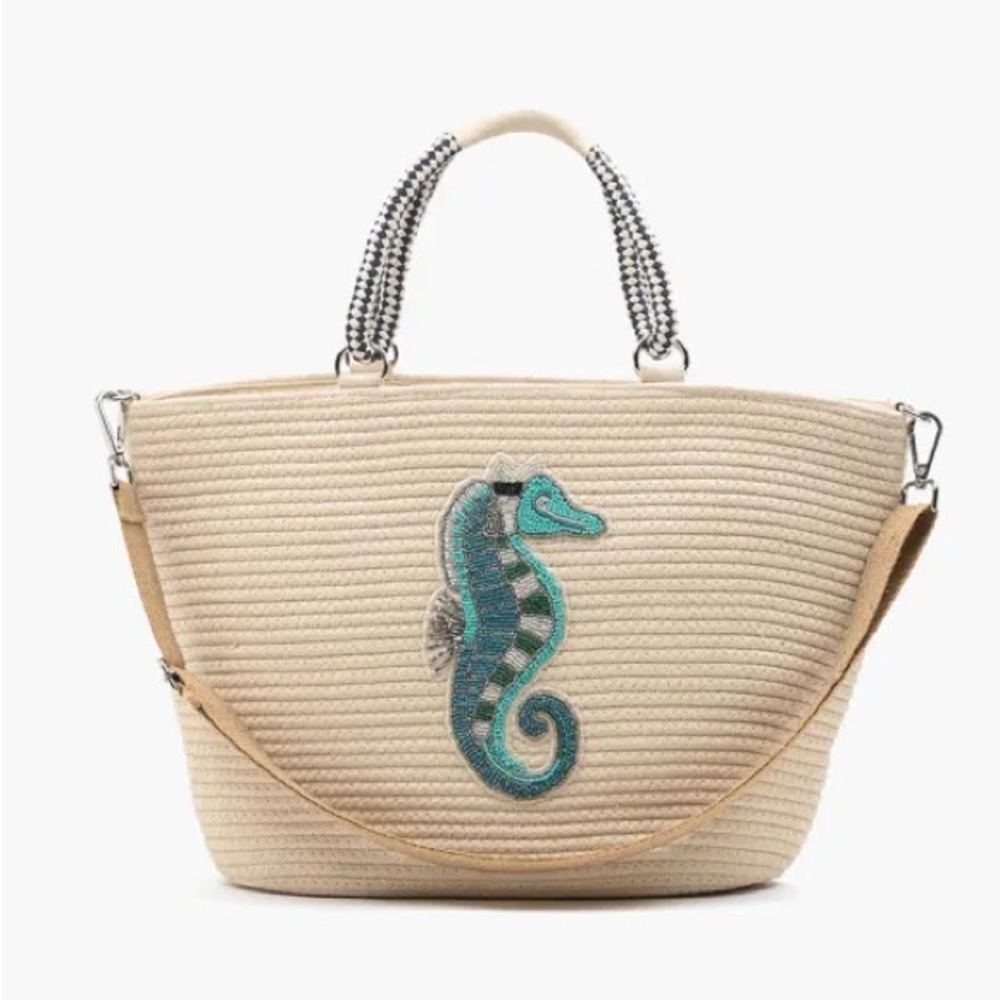 New! America & Beyond Sea Horse Embellished Large Jute Shoulder Tote Bag⚓️🌊 NWT